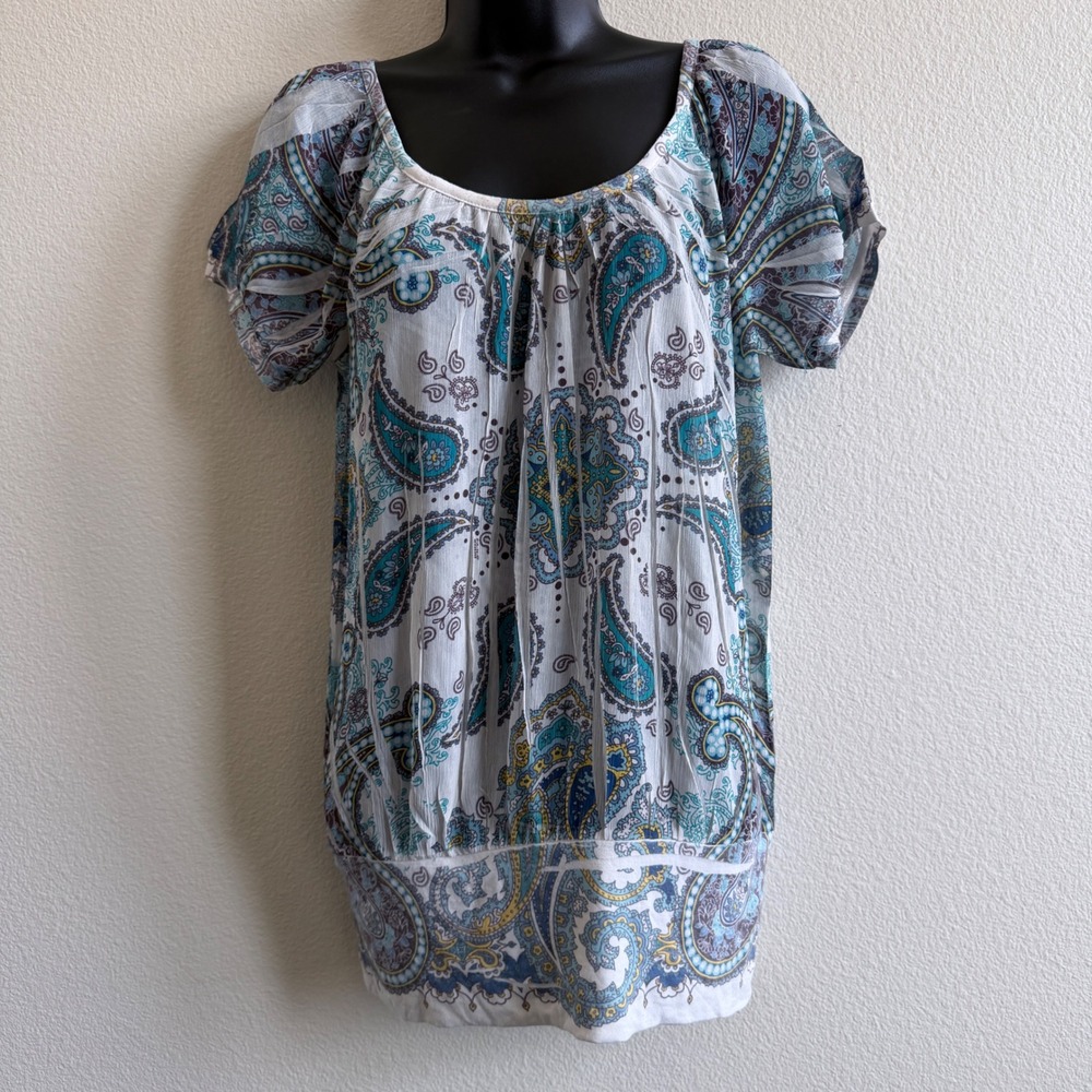 Fang Women Medium Blue Paisley Chiffon Blouson Top Short Sleeve Boho Keyhole